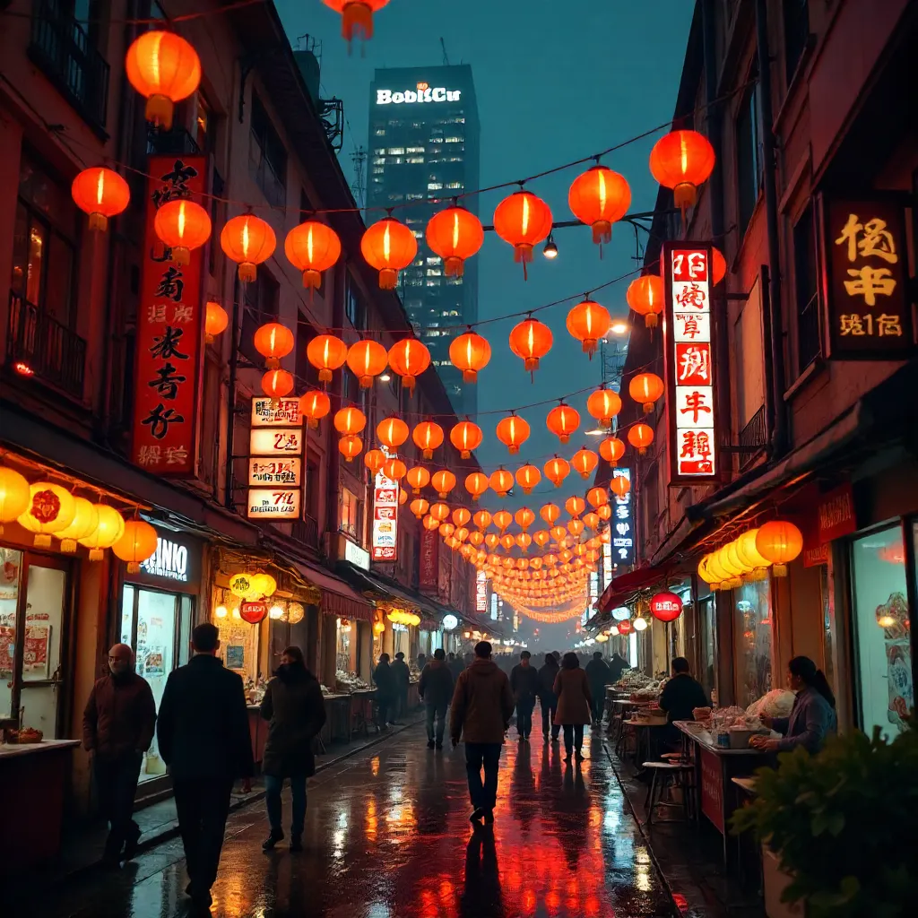 Red Lanterns Over a Neon City Street
