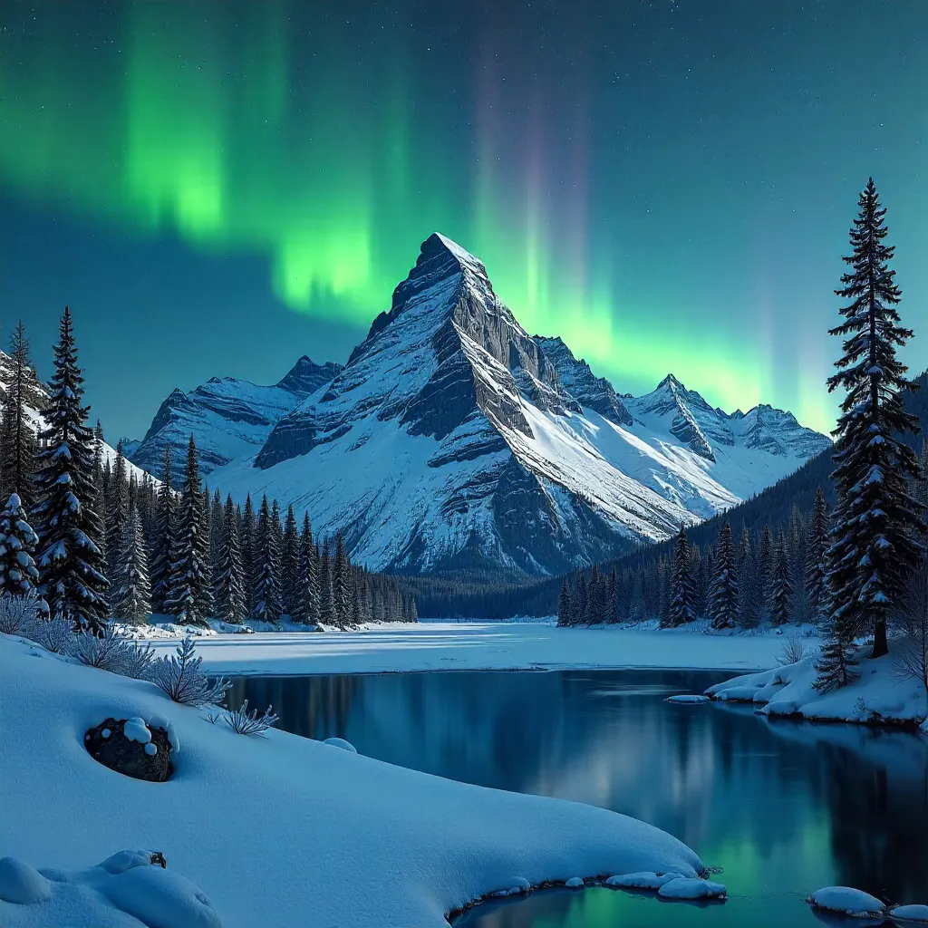 Aurora Over Green Pines and Snowy Peaks