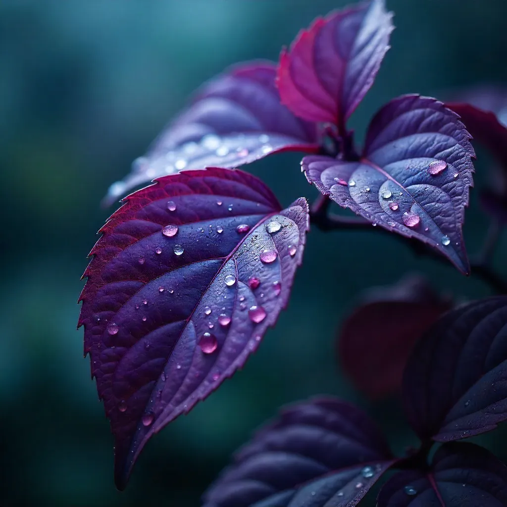 Moody Purple Leaves in Dew: A Macro Close-Up