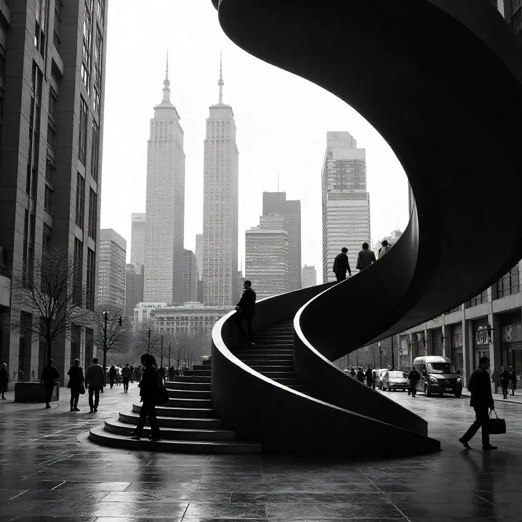 Noir Spiral Staircase in a Monochrome City