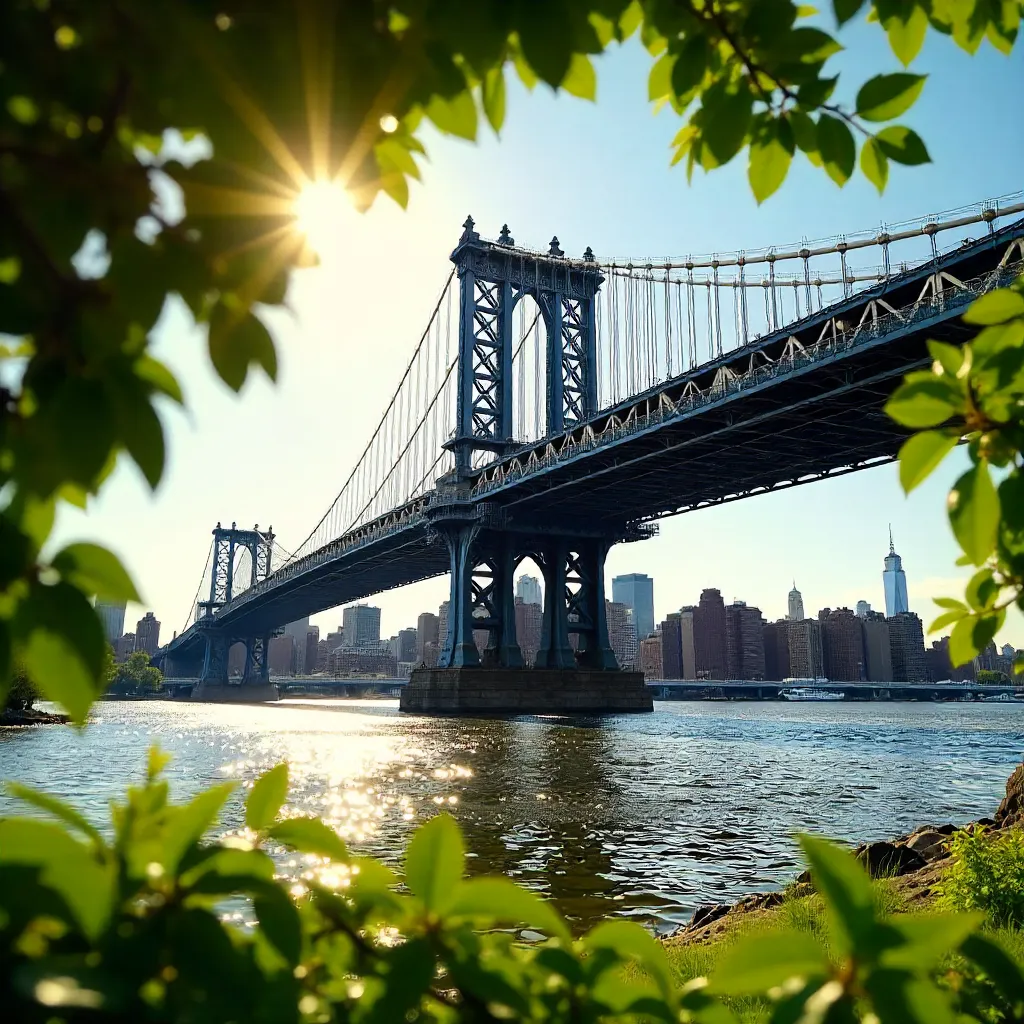 Sunlit Manhattan Bridge Framed by Leaves