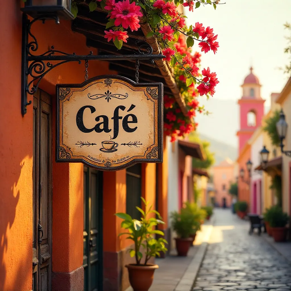 Vibrant Café Sign on an Orange Wall in San Miguel de Allende