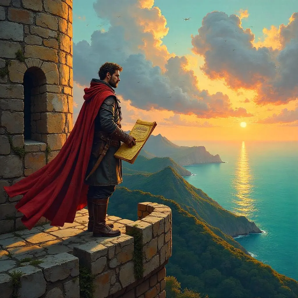 Explorer on Castle Battlements - Oil Painting
