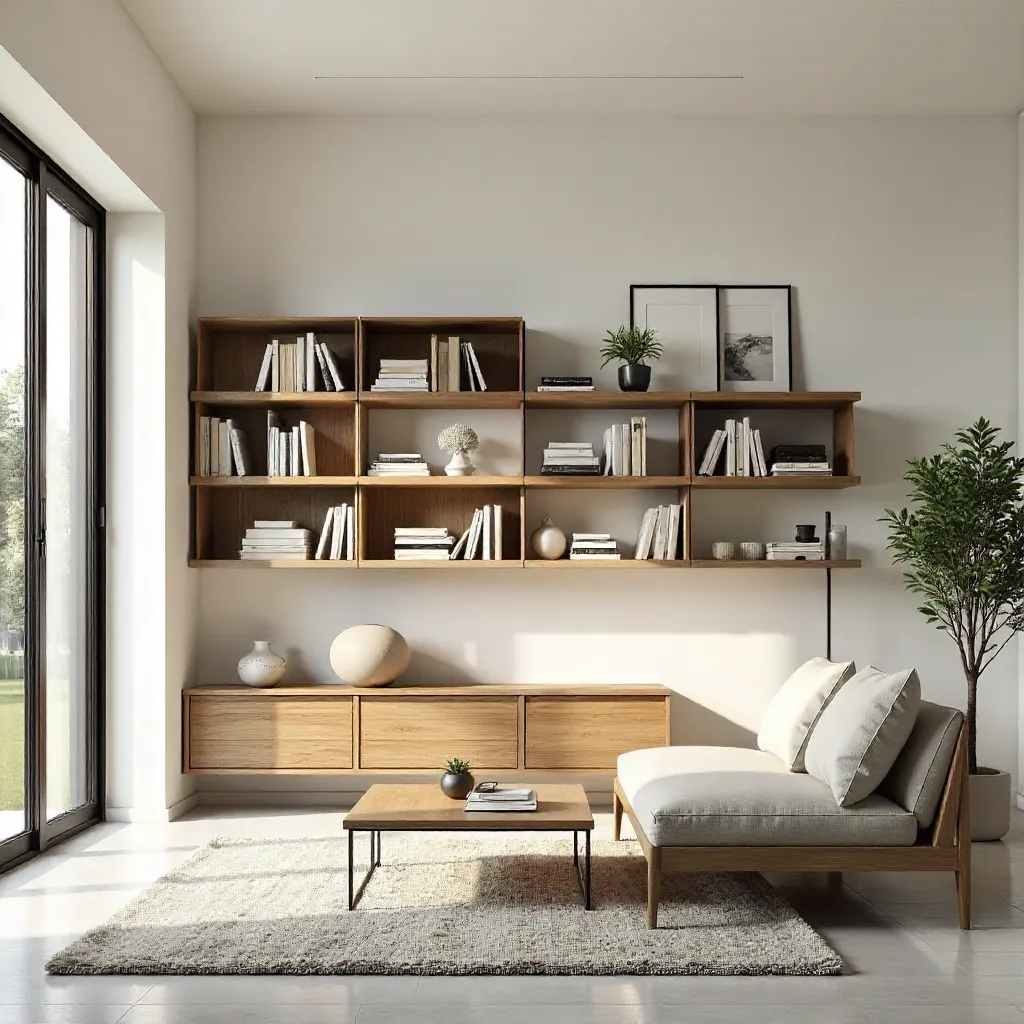 Minimalist Interior with Wall Shelves and Wood Furniture