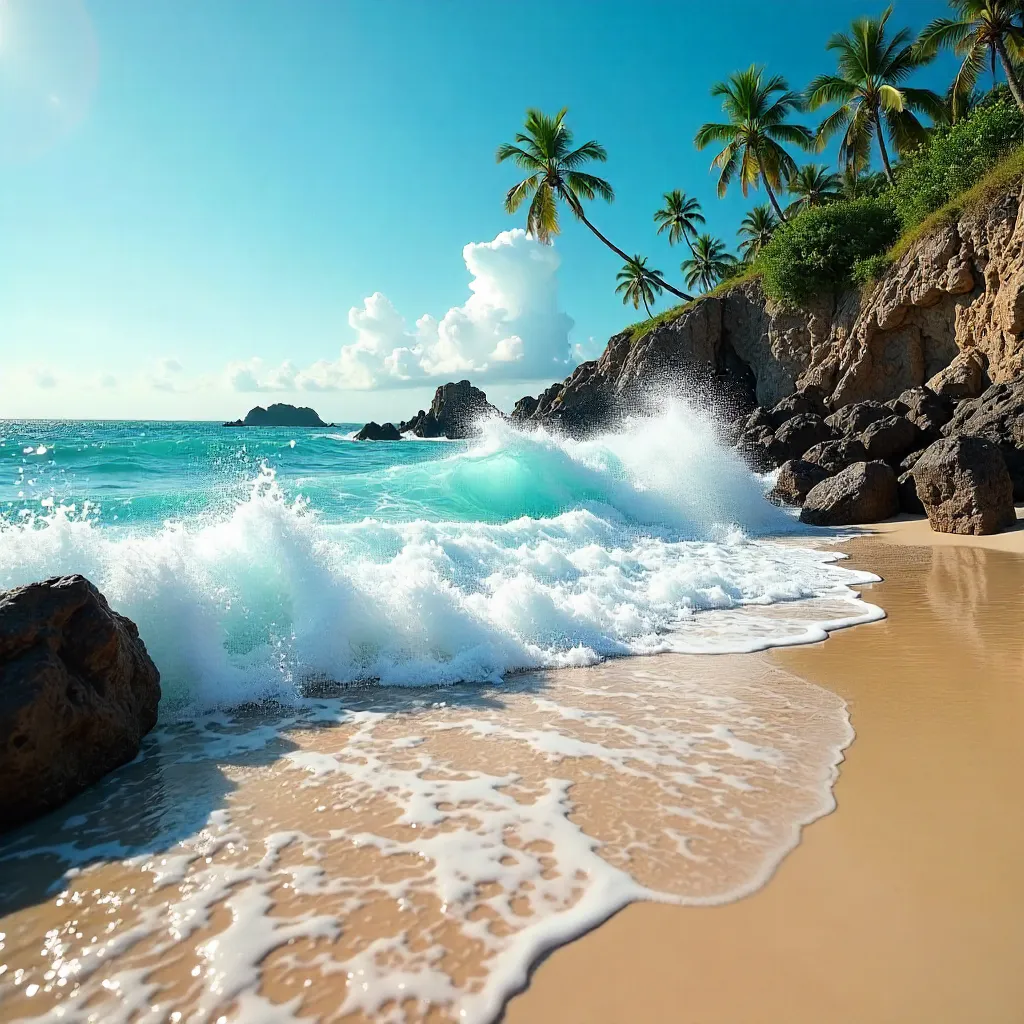 Turquoise Waves on a Rocky Tropical Beach