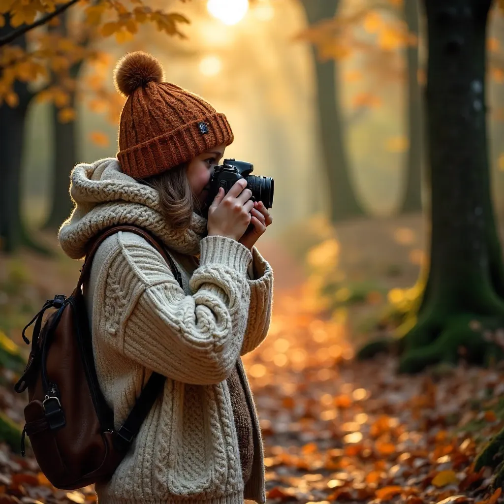 Golden Hour Cozy Photographer in Autumn Forest