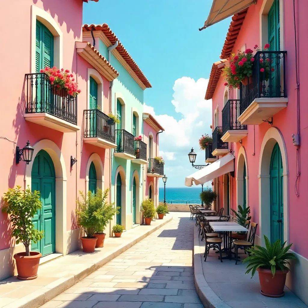 Pastel Mediterranean Arches in Sunny Street