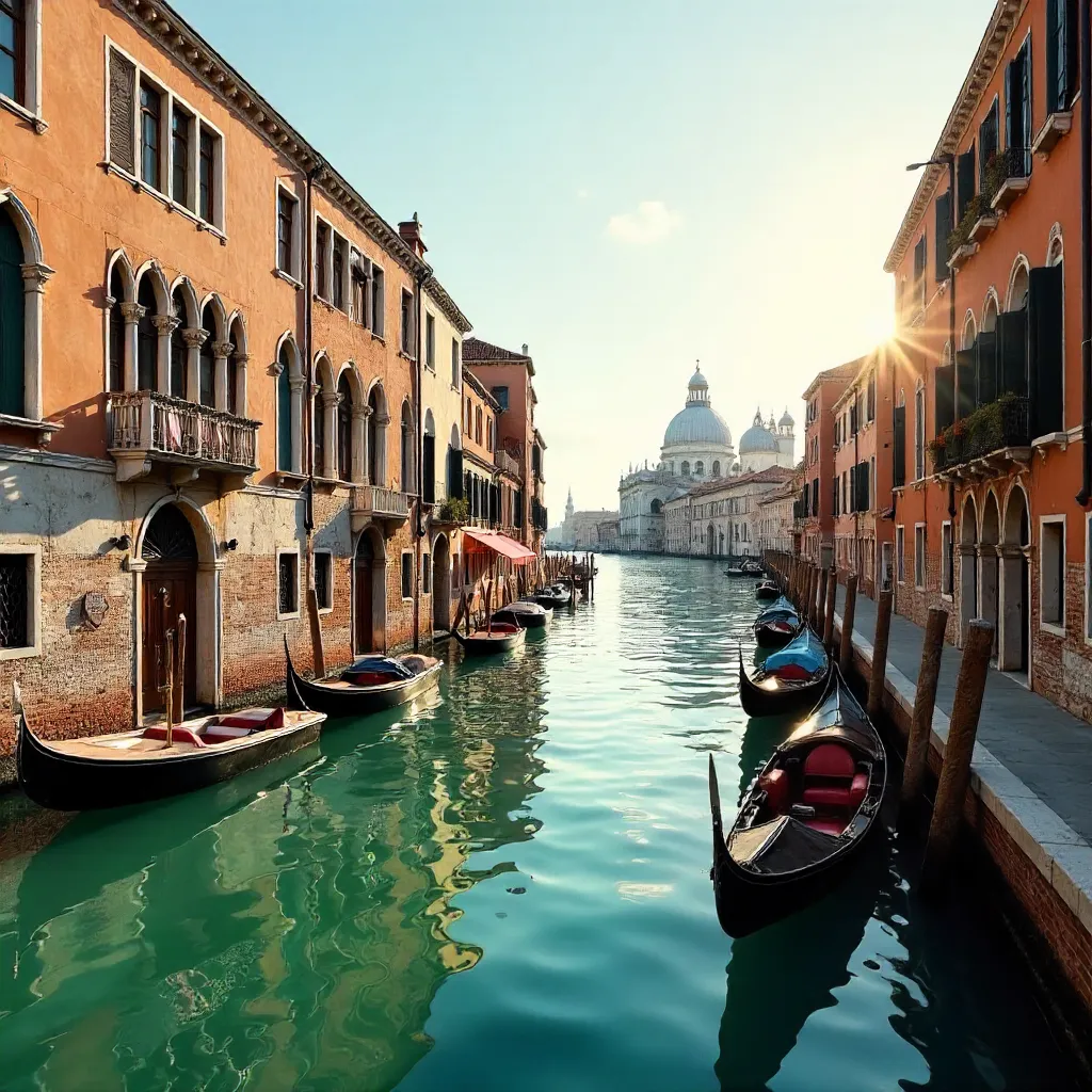 Sunlit Venice Canals: Boats and Iconic Architecture