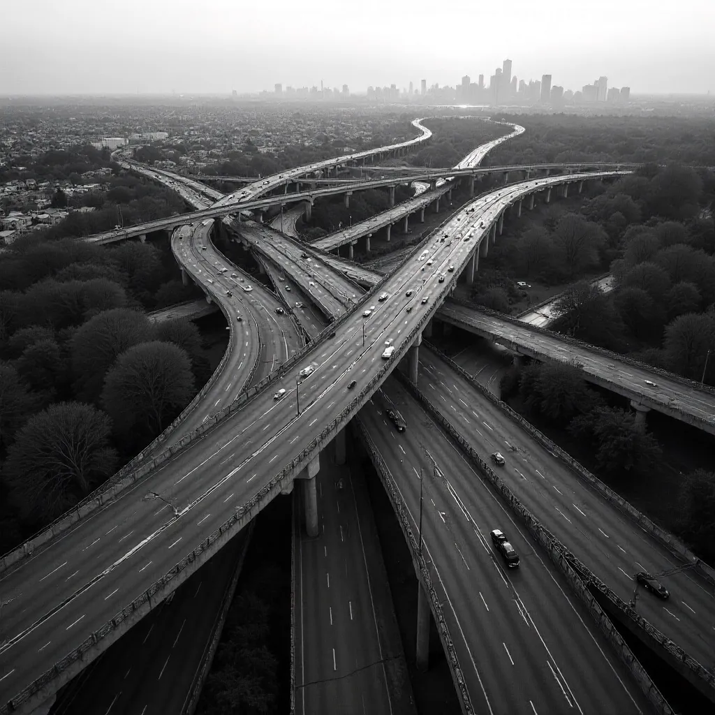 Monochrome Aerial Interchange: Dynamic Urban Ribbons