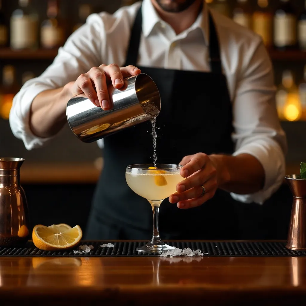 Bartender Straining a Classic Cocktail at the Bar