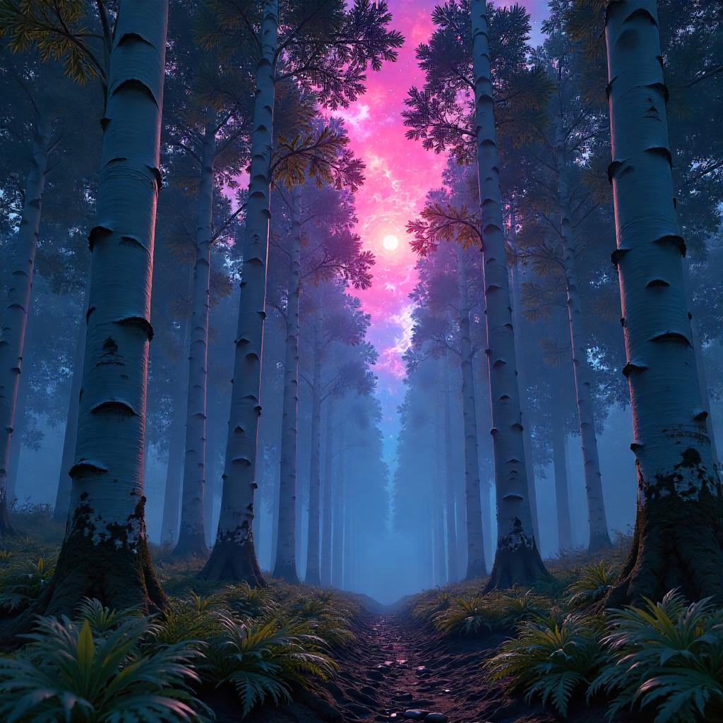 Nebula Dream in a Birch Forest (3D Render)