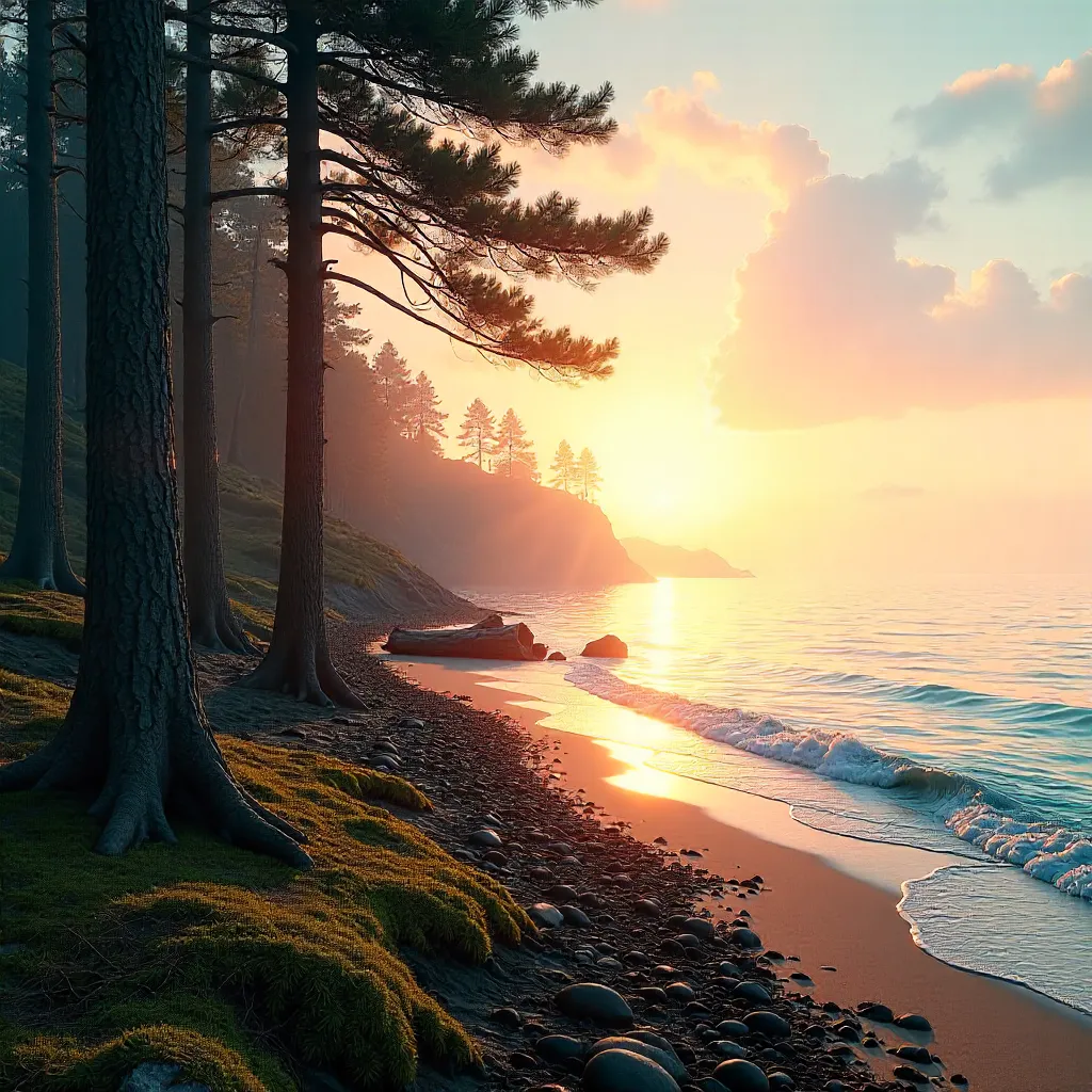 Sunrise over Pine Forest by the Seaside