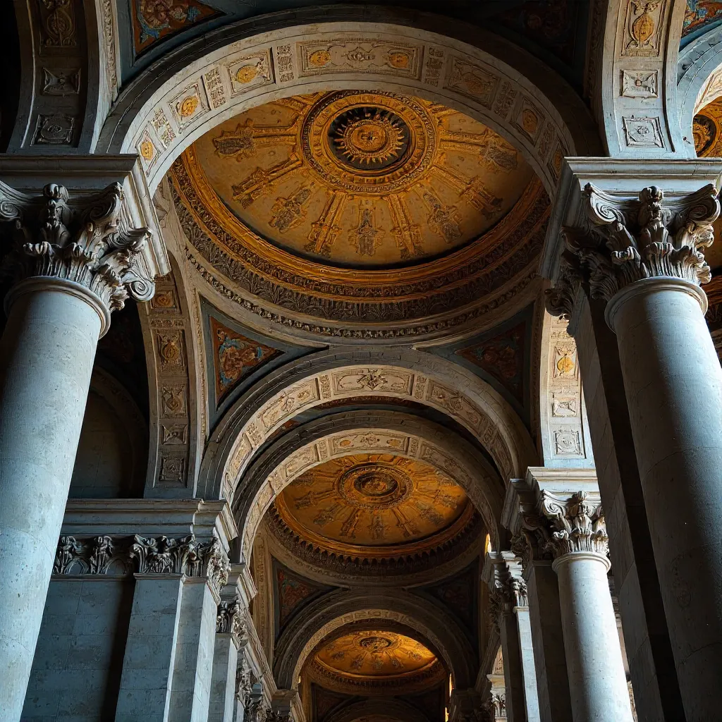 Ornate Ceiling and Stone Columns in Historic Architecture
