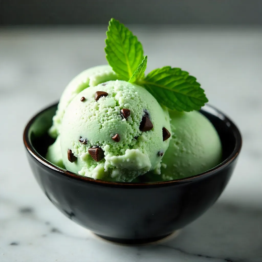 Elegant Close-Up Mint Chip Ice Cream in Black Bowl