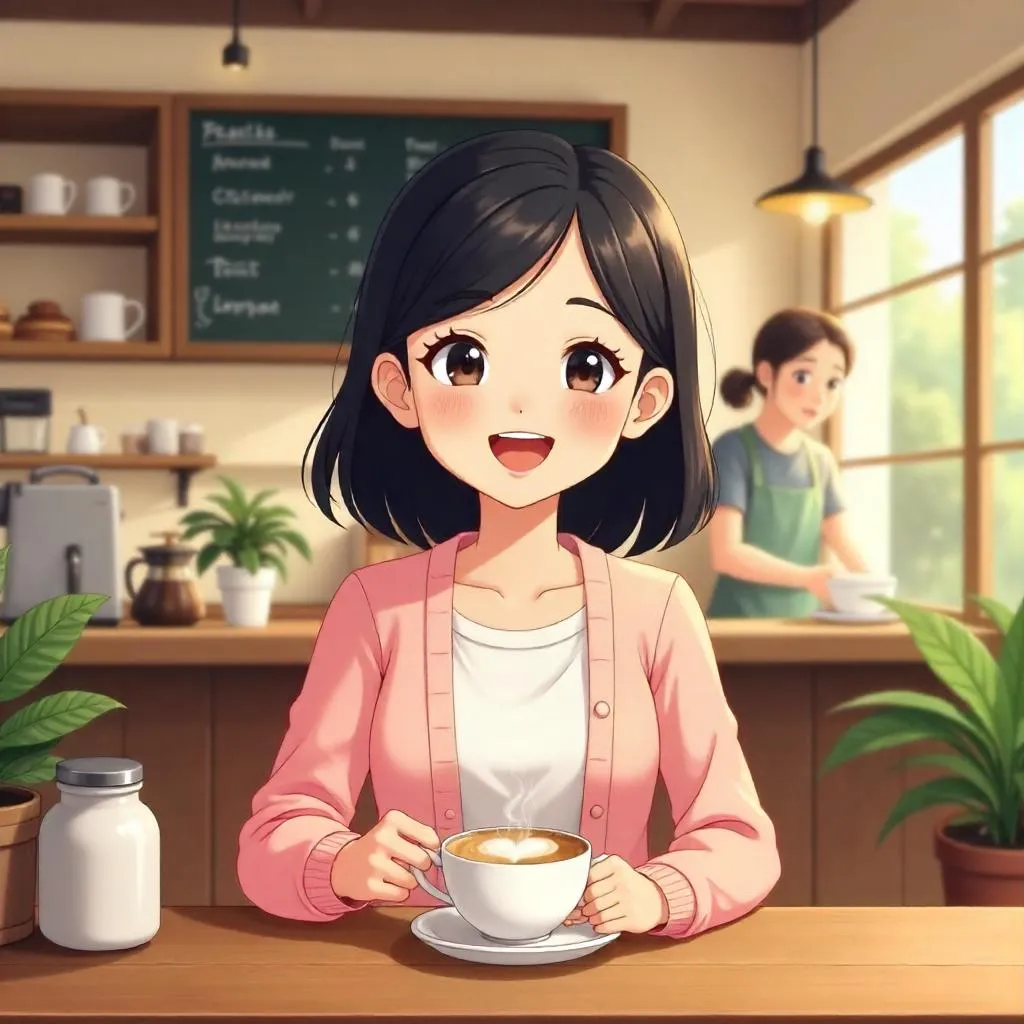 Cheerful Asian Girl in a Cozy Coffee Shop - Cartoon Style