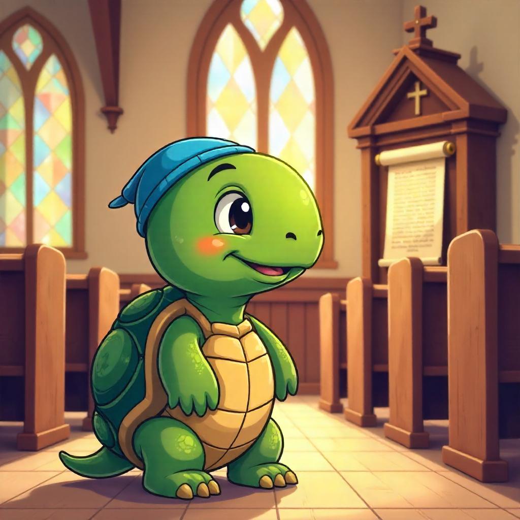 Cartoon Turtle in a Cozy Synagogue