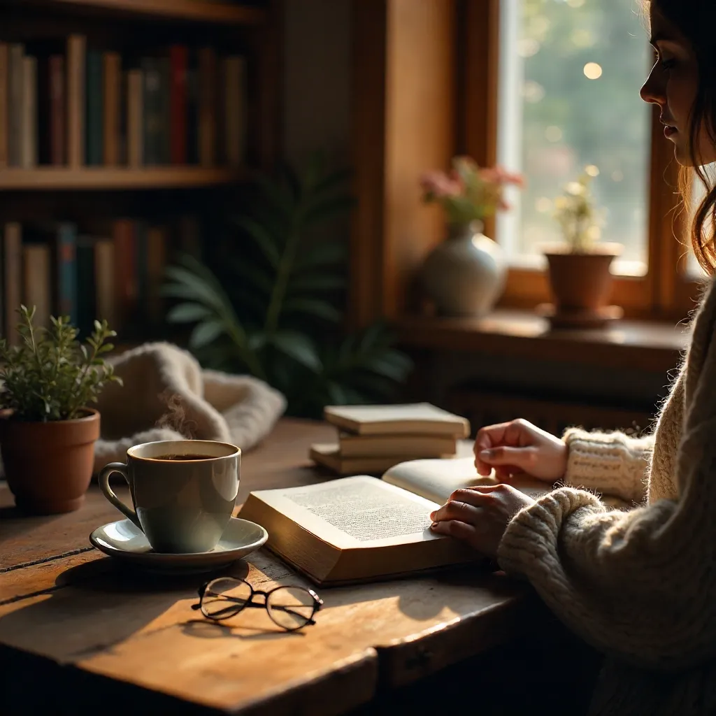 Cozy Reading Scene by the Wooden Table