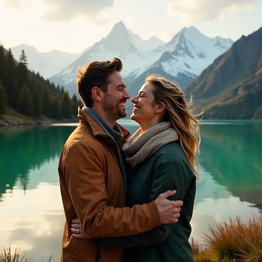 Joyful embrace by a Patagonian lake at golden hour