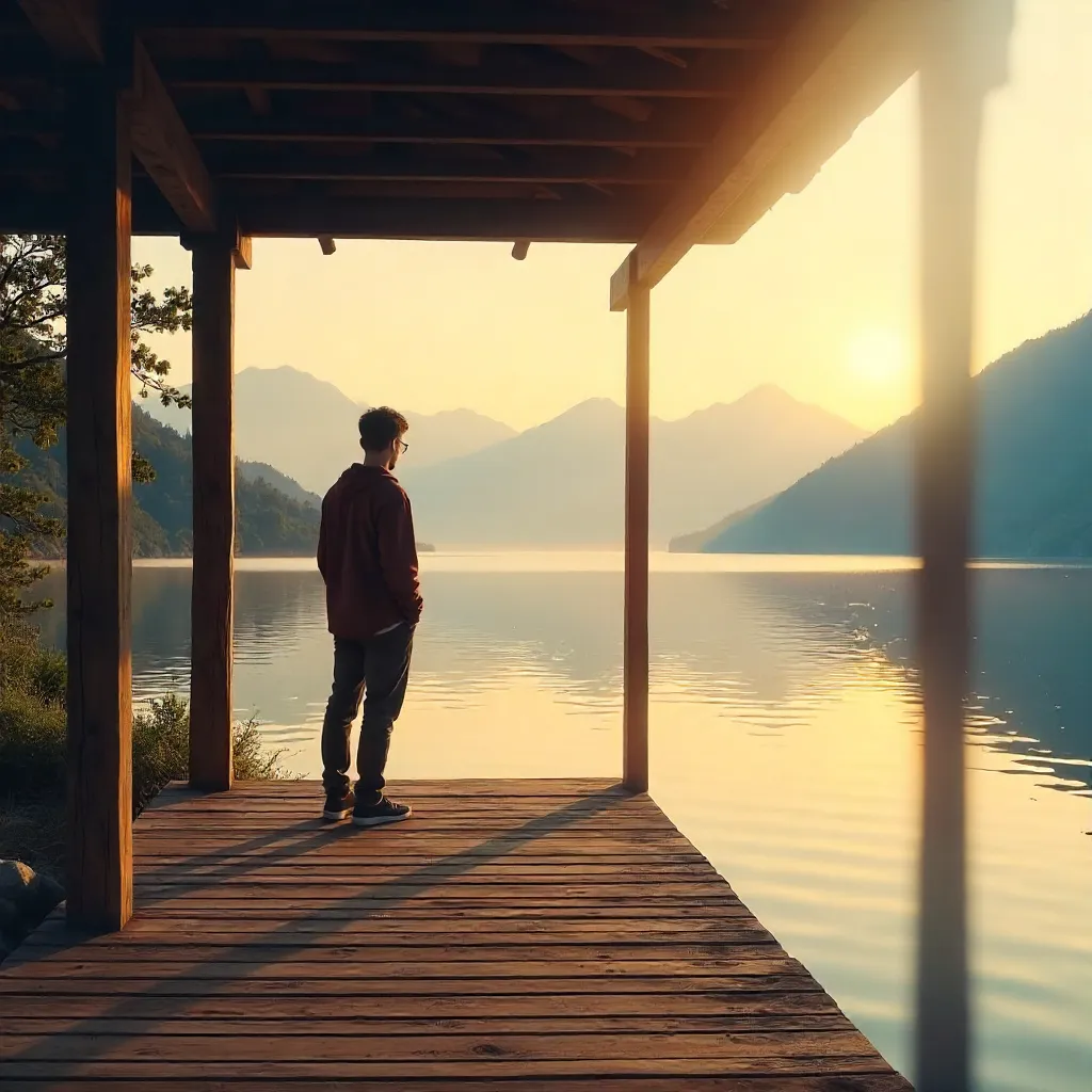 Gazing at Waterfront and Distant Mountains Under a Pavilion