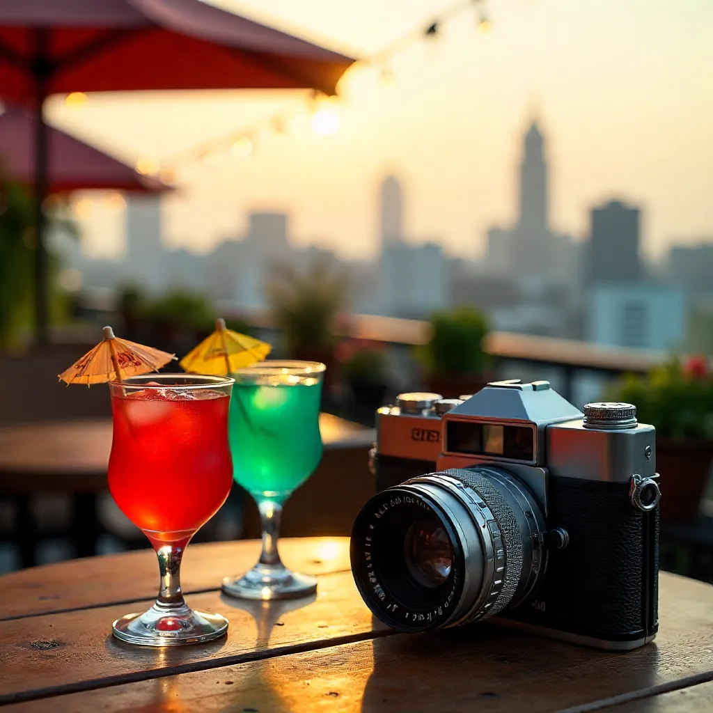 Vintage Camera Captures Vibrant Rooftop Café