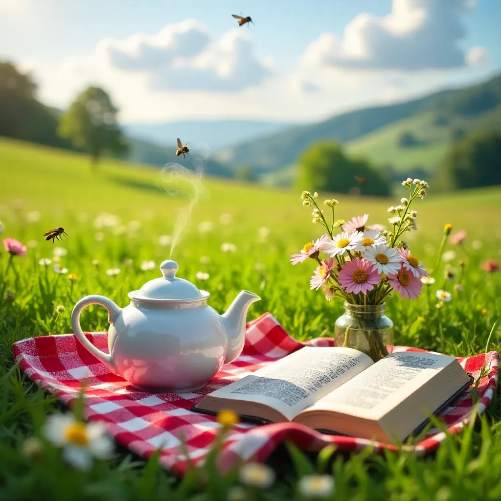 Spring Picnic: Teapot, Book, and Flowers on a Checkered Cloth