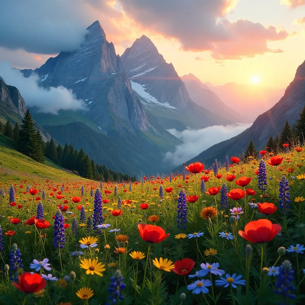 Sunrise Over Mountains with Wildflower Meadow