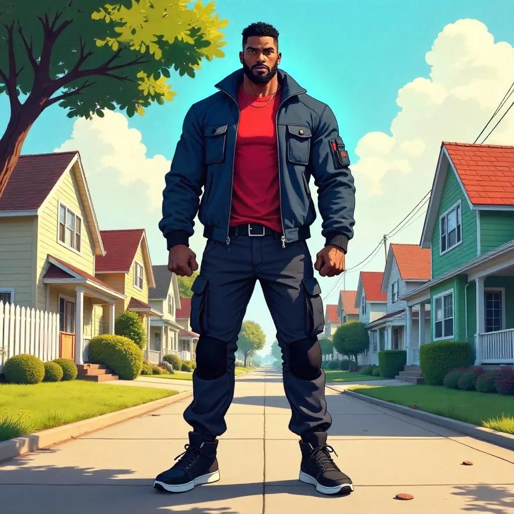 Strong Black Man in Anime-Style Suburban Street