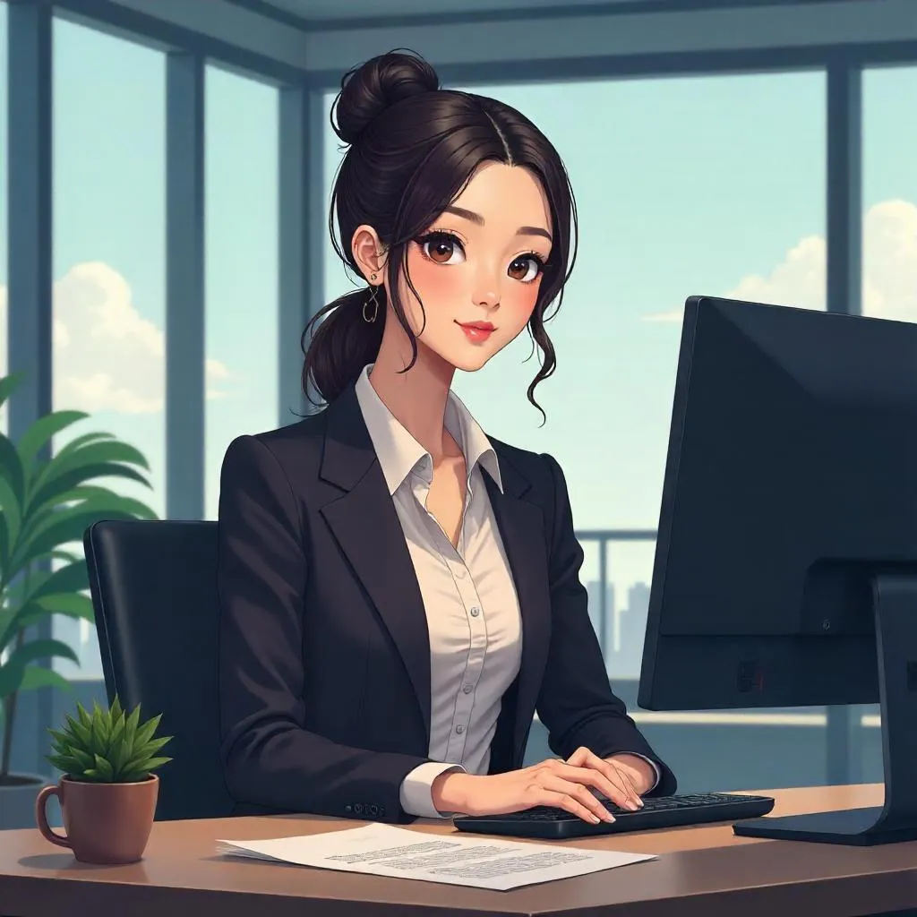 Elegant Asian Woman in a Modern Office - Anime Style
