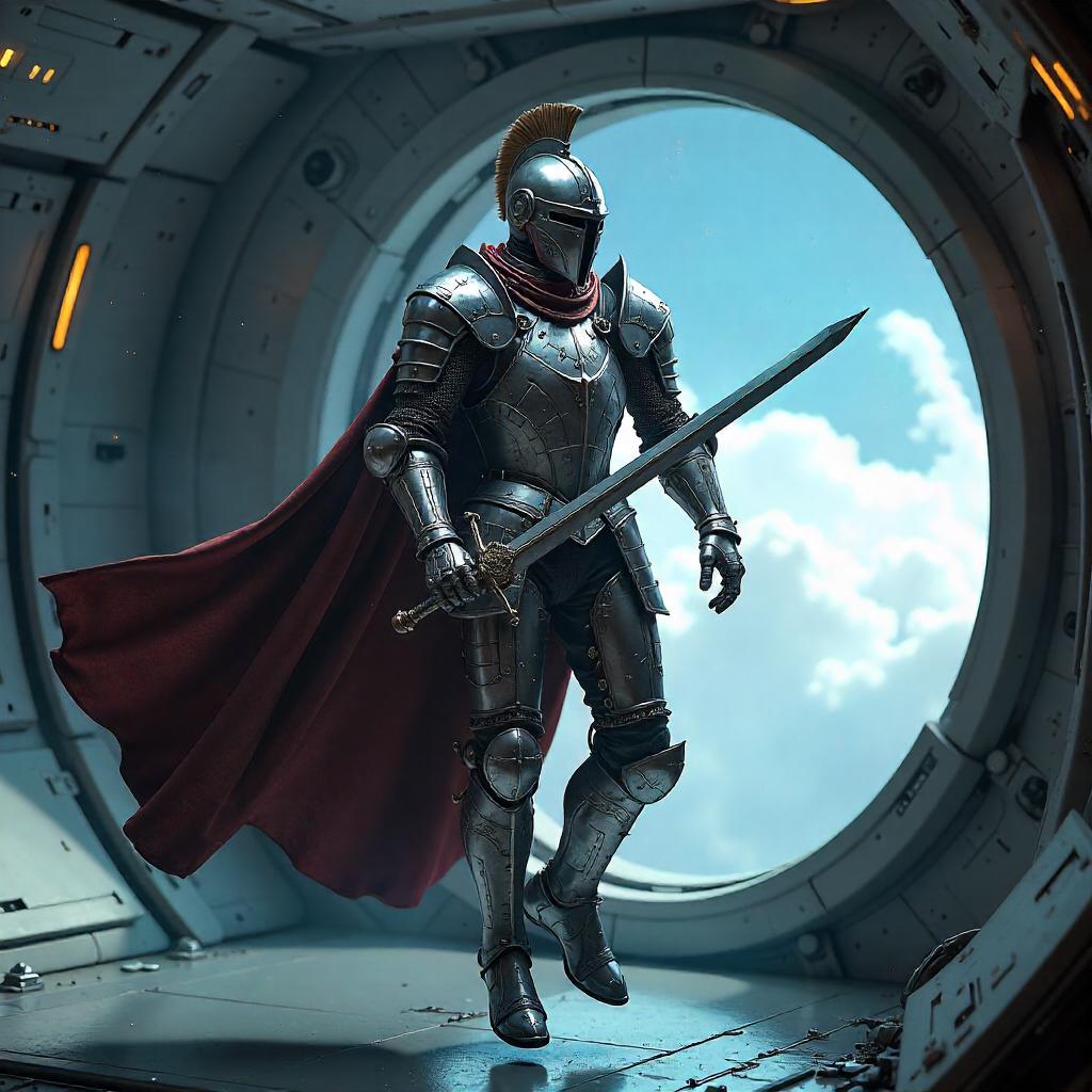 Photoreal Knight Adrift in Zero Gravity