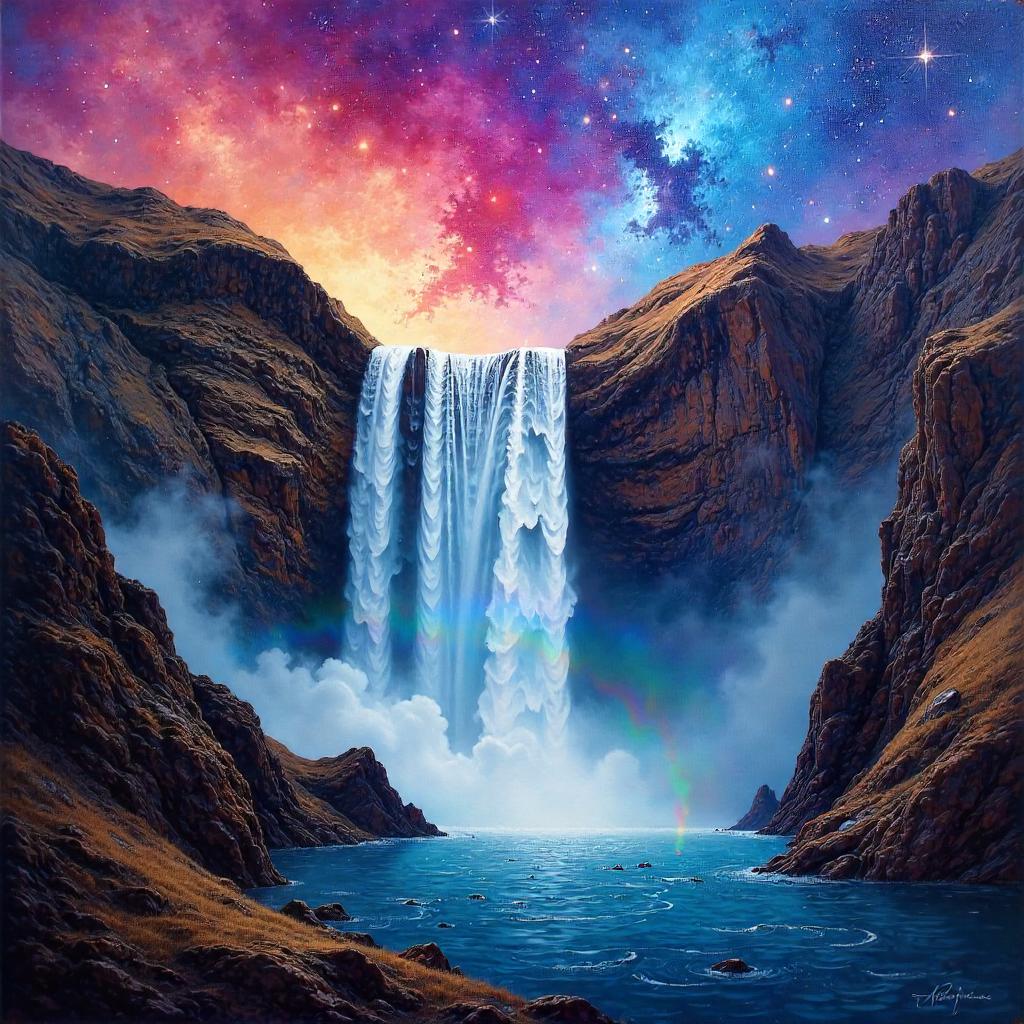 Nebula Waterfall in Impasto Oil Painting