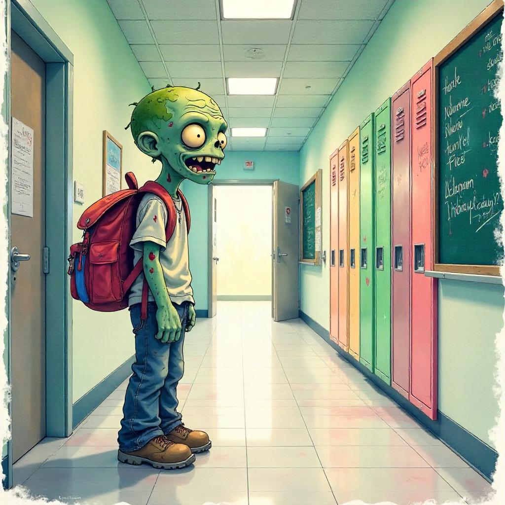 Watercolor Zombie in a Quiet School Hallway