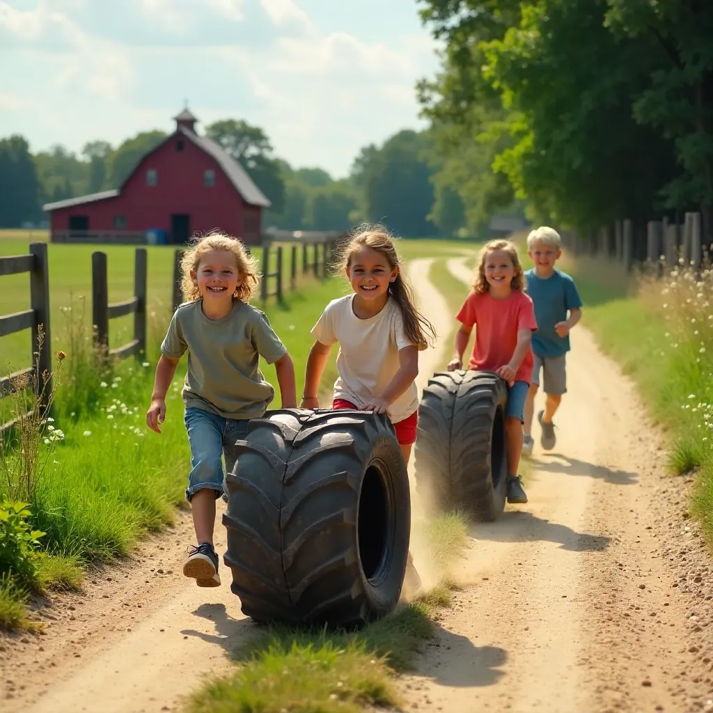 Joyful Tire Rolling on a Sunny Rural Road
