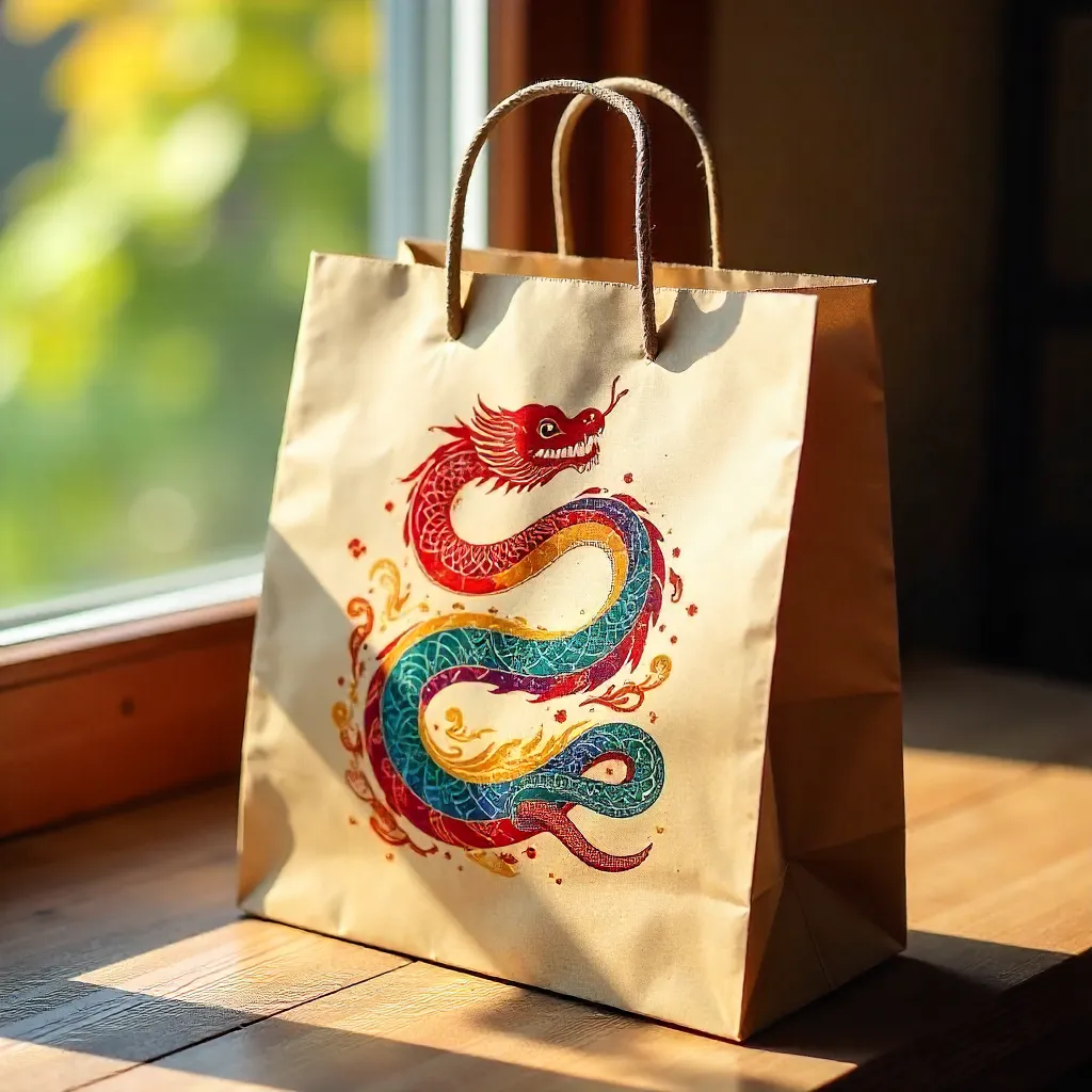Kraft Paper Bag with Colorful Year of the Snake in Sunlight