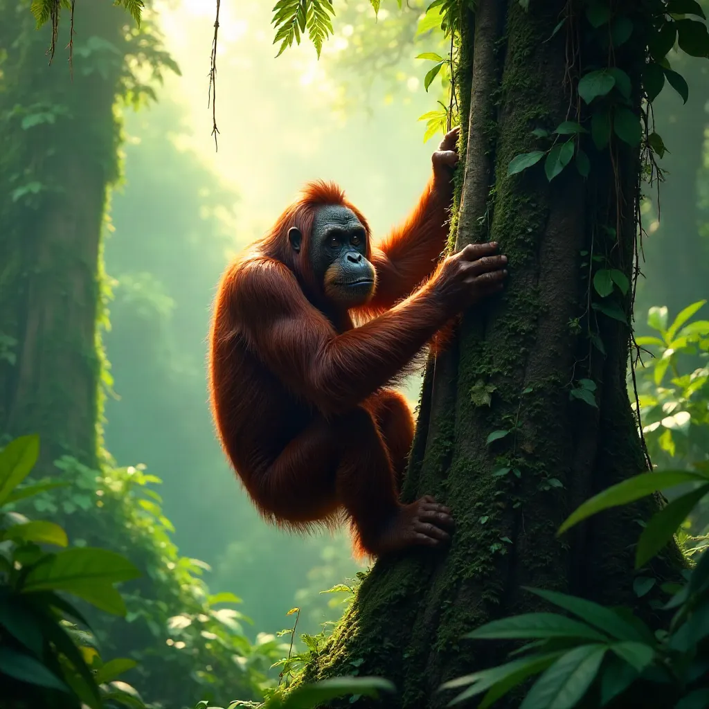 Majestic Sumatran Orangutan in Rainforest Canopy