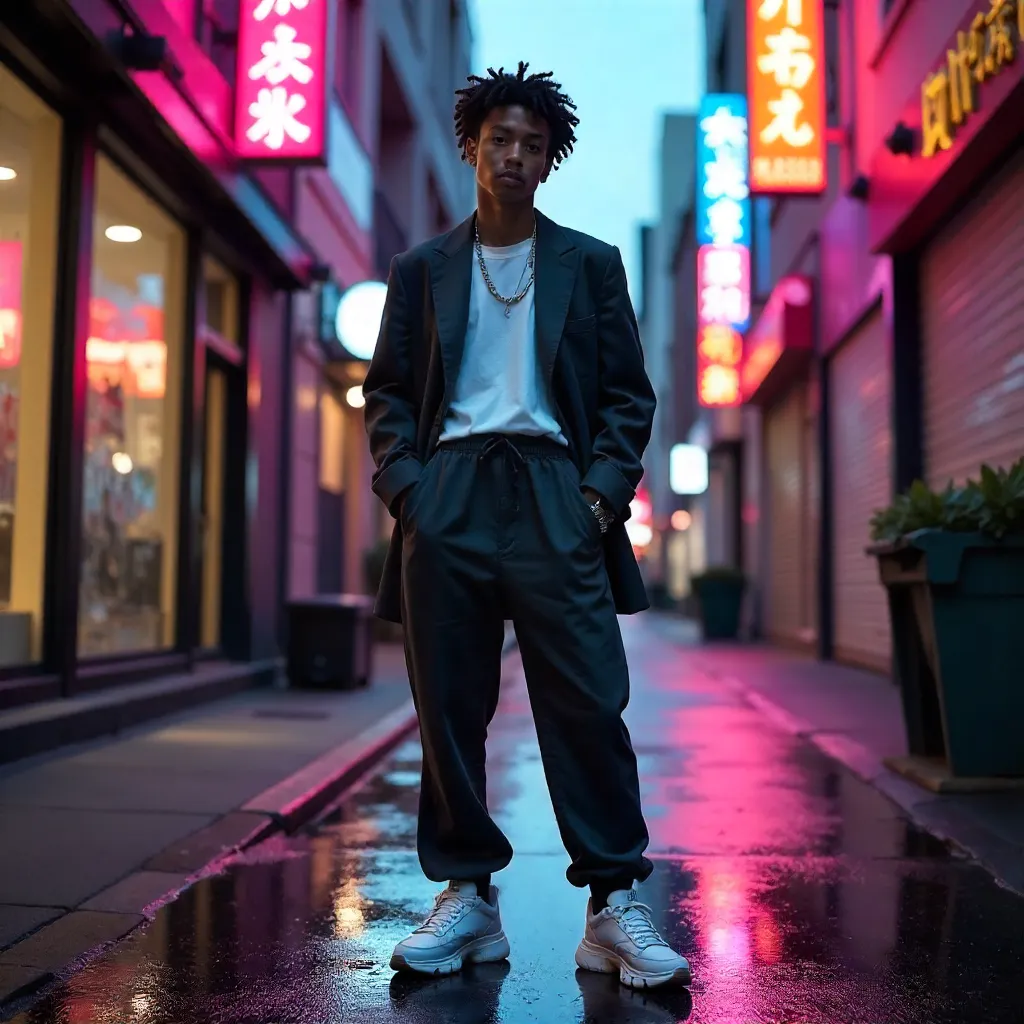 Confident Streetwear Pose on Neon Urban Street