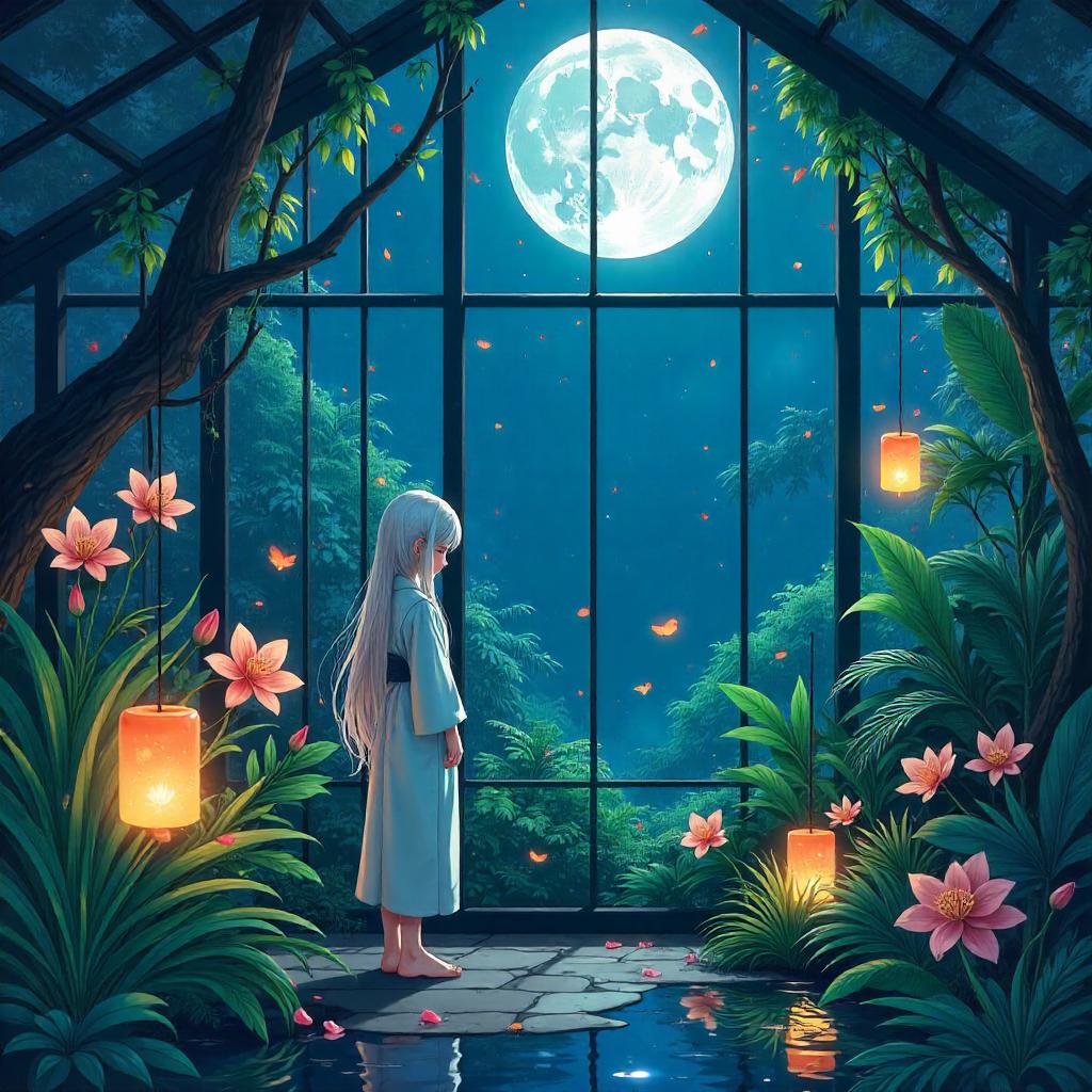 Moonlit Anime Greenhouse Dream