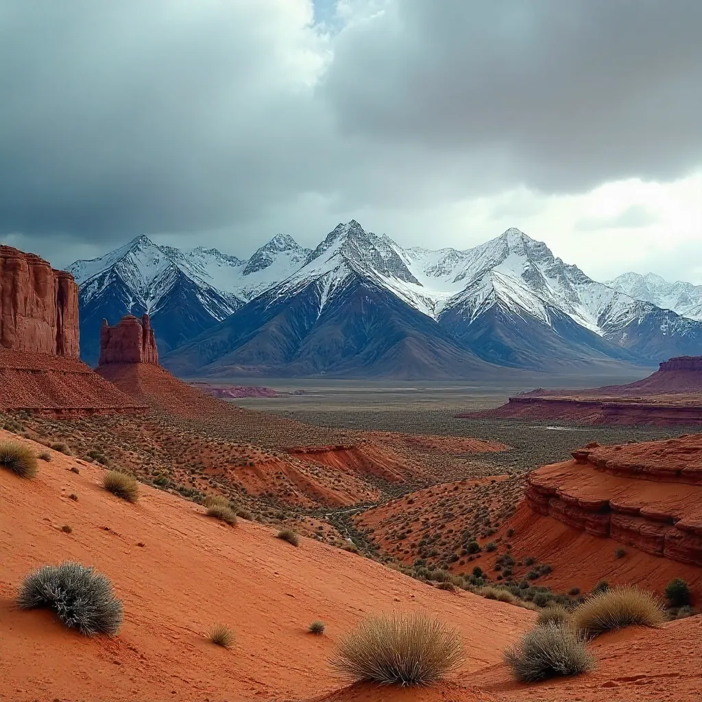 Snow-Capped Peaks vs Utah Desert under Stormy Skies