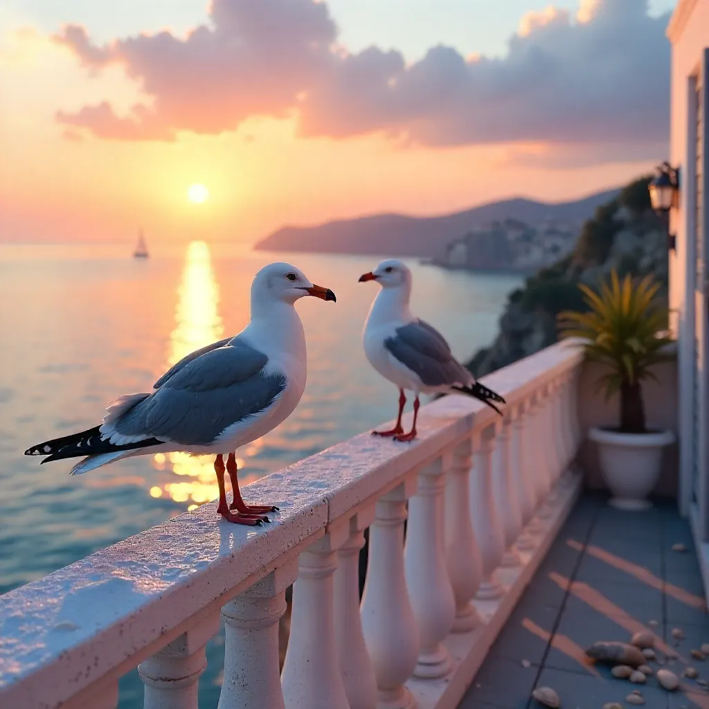 Seagulls on a Seaside Balcony at Sunset