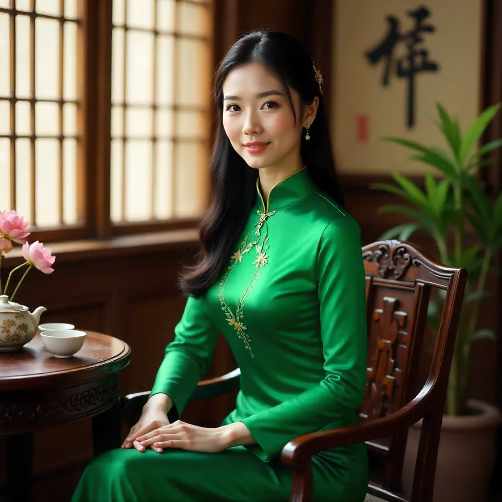 Green Ao Dai Portrait: Vietnamese Heritage Indoors