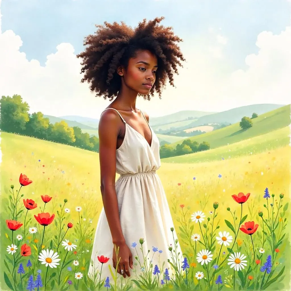 Watercolor Portrait of a Young Black Woman in a Meadow