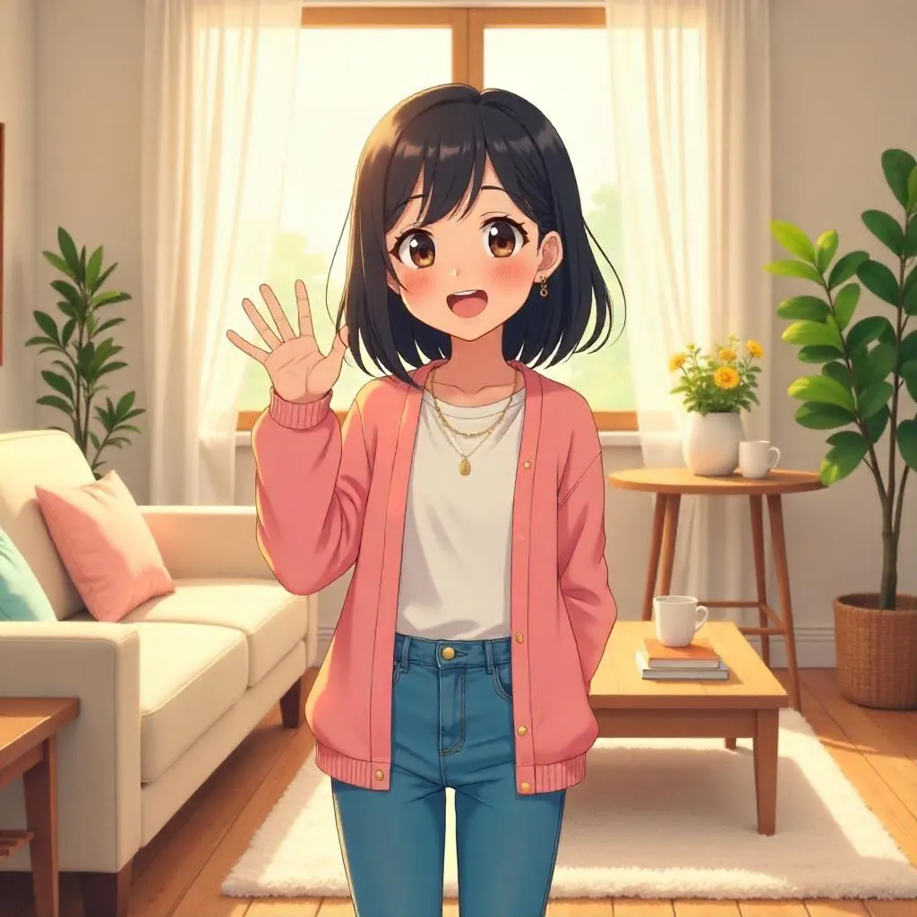 Cheerful Anime Girl in a Cozy Living Room