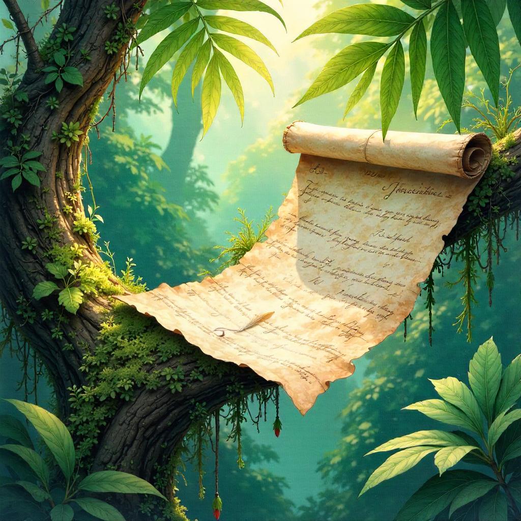 Ancient Scroll in Jungle Canopy — Watercolor