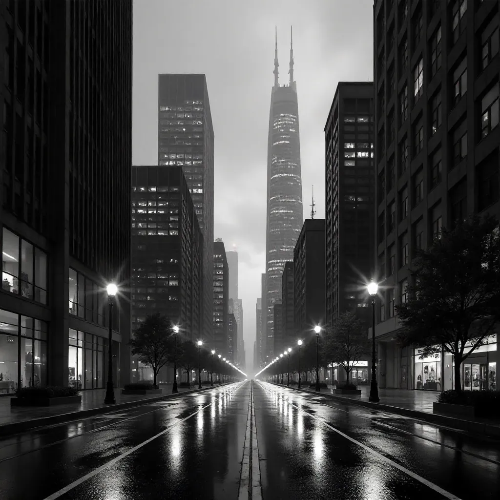 Monochrome Skyline: Empty Streets and Skyscrapers