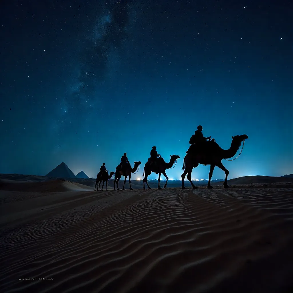 Starry Night Camel Caravan over Giza Dunes