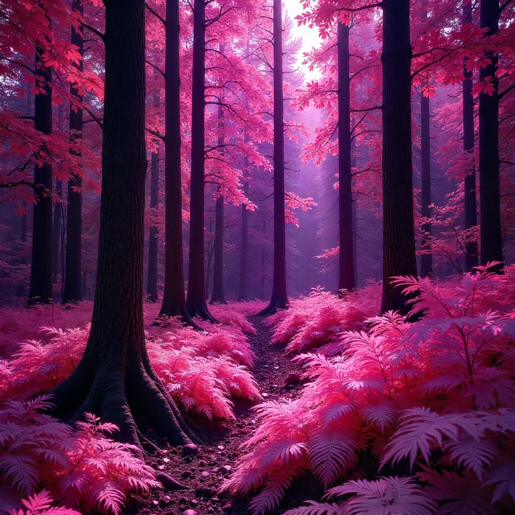 Infrared Magenta Forest: Surreal Neon Trees at Dusk