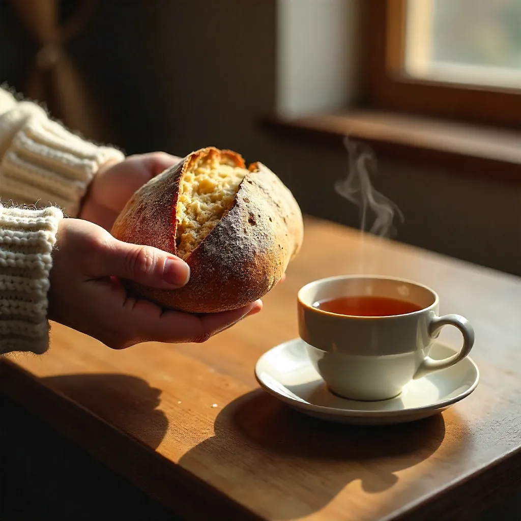 Cozy Hand-Held Artisanal Bread with Tea Moment