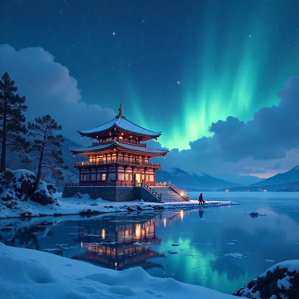Temple on a Frozen Lake in Anime Style