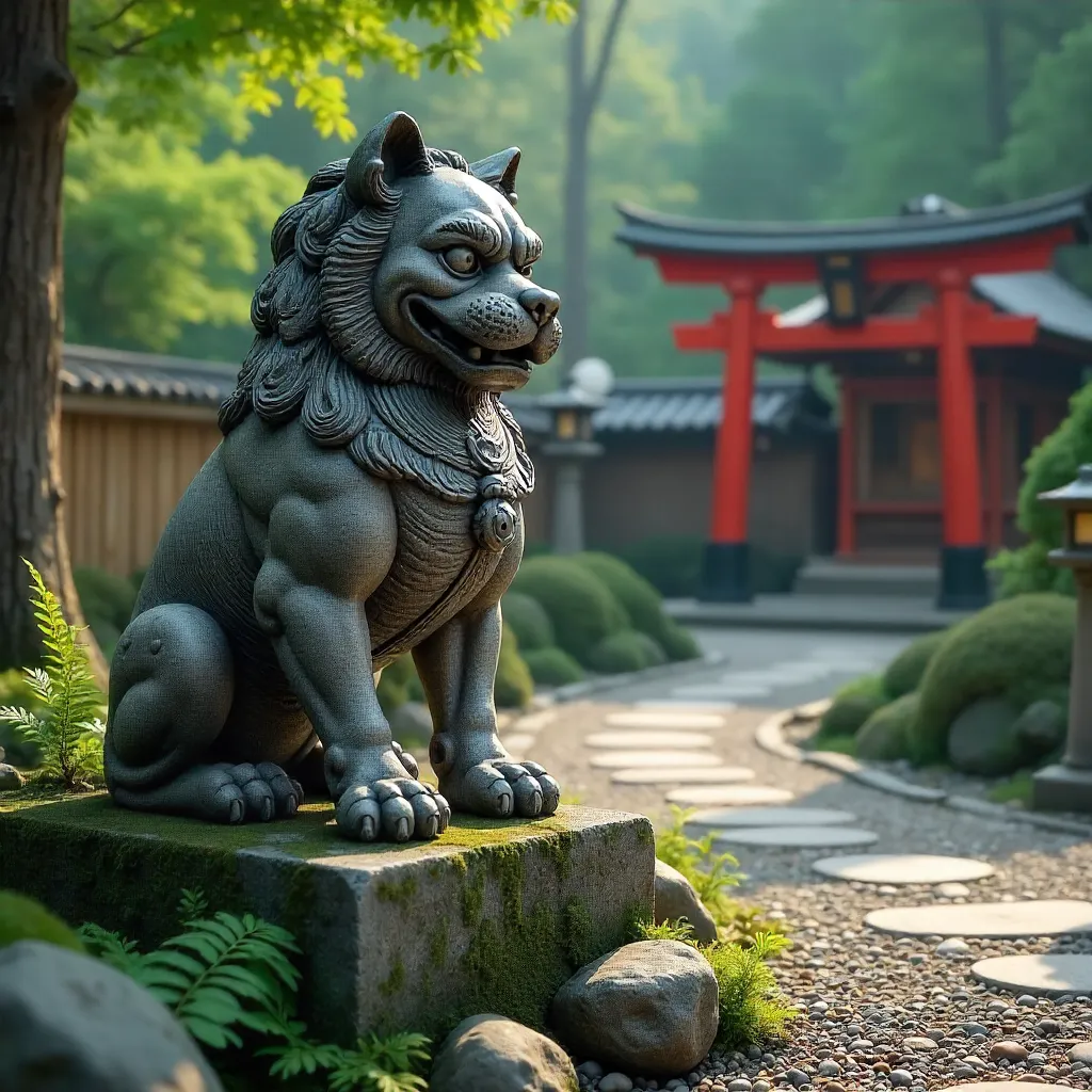 Komainu Guardian in a Serene Nagoya Shrine Garden