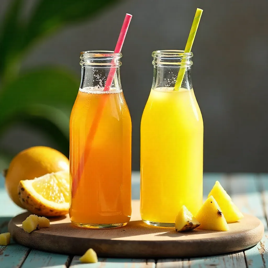 Sunlit Citrus and Pineapple Juices on a Wooden Board