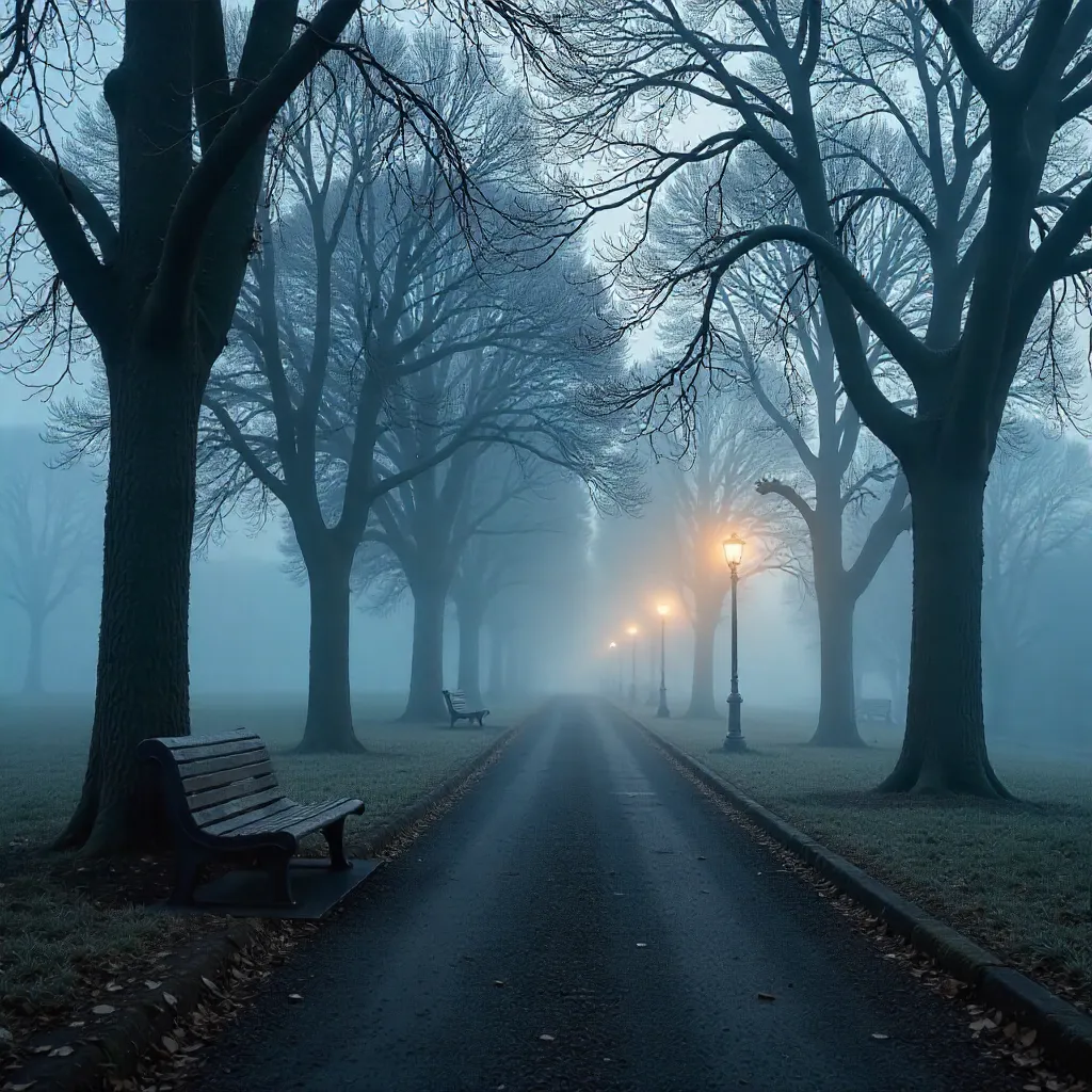 Foggy Winter Park with Empty Benches